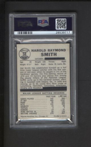 1960 Leaf Baseball Gum Card 58 Hal Smith Team Blacked Out On Back Psa Graded