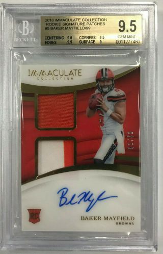 2018 Immaculate Baker Mayfield Rookie Signature Patches Auto 02/99 Bgs 9.  5