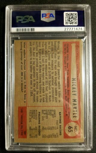 1954 BOWMAN 65 MICKEY MANTLE - PSA 3 VG - Great Centering,  Awesome 2