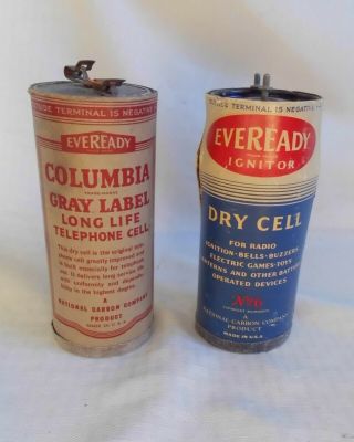 Vintage Dry Cell Batteries Columbia Gray Label Telephone Cell Eveready Drycell