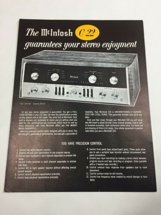 Vtg Mcintosh C22 Stereophonic Preamplifier Stereo Dealer Flyer Specifications