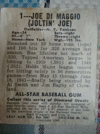 Joe Dimaggio 1948 Leaf 1 RARE Good Shape For Age 2