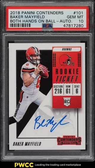 2018 Panini Contenders Both Hands Baker Mayfield Rookie Rc Auto 101 Psa 10