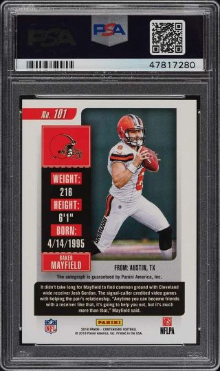 2018 Panini Contenders Both Hands Baker Mayfield ROOKIE RC AUTO 101 PSA 10 2