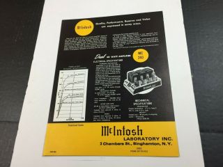 Vintage MCINTOSH MC 240 Dual 40 Watt Amplifier Dealer Specifications Sheet Ad 2