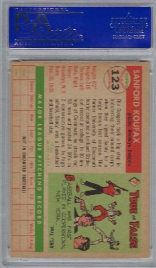 1955 Topps Sandy Koufax Brooklyn Dodgers 123 PSA 5 EX ROOKIE RC SHARP 2