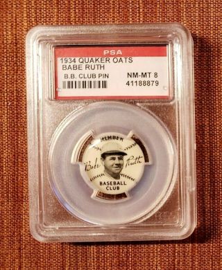 1934 Quaker Oats Baseball Club Pin Babe Ruth Yankees Psa 8 Nm - Mt Only 2 Higher
