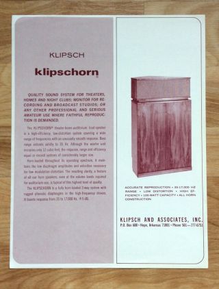 Vtg Klipsch Klipschorn Loudspeaker System Speakers 2 Page Sales Brochure 1976