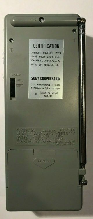 Sony Watchman TV FD - 10A B&W Handheld Portable VHF UHF Television Vintage 1987 2