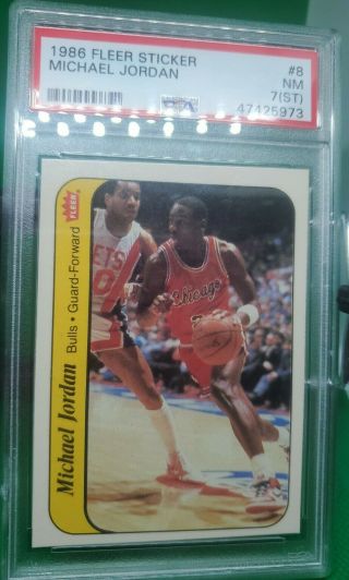 1986 - 1987 Fleer Sticker Michael Jordan Rookie Chicago Bulls 8 Psa 7 (st)