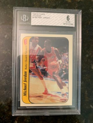 1986 - 87 Fleer Basketball Sticker 8 Michael Jordan Rookie.  Bgs 6