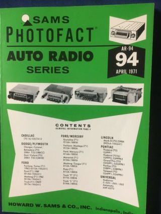 Sams Photofact Auto Radio Series Volume Ar 94 April 1971