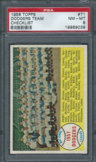 1958 Topps Baseball 71 Los Angeles Dodgers Team Card,  Psa 8,  Nm - Mt