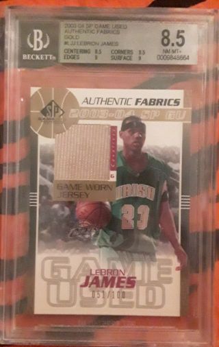 2003 - 04 Sp Game Lebron James Authentic Fabrics Rookie /100 Bgs 8.  5 Jersey