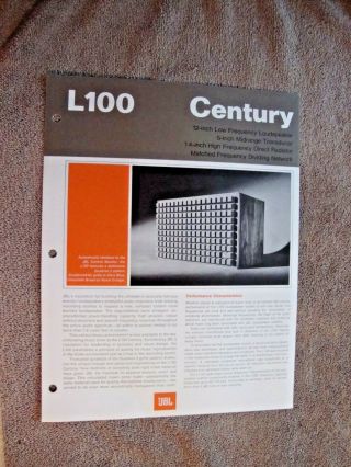 1972 Jbl Century L100 Speakers 2 Sided Page Brochure Pamphlet
