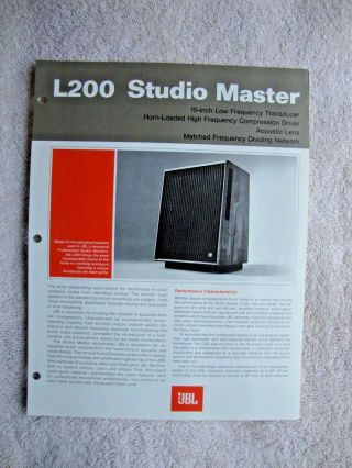 1970s Jbl L200 Studio Master Speakers 2 Sided Page Brochure Pamphlet
