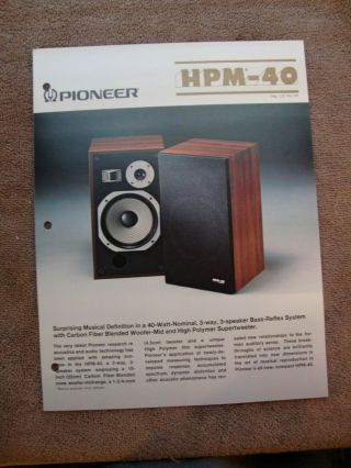 1978 Pioneer Hpm - 40 Speaker System 2 Sided Page Brochure Pamphlet