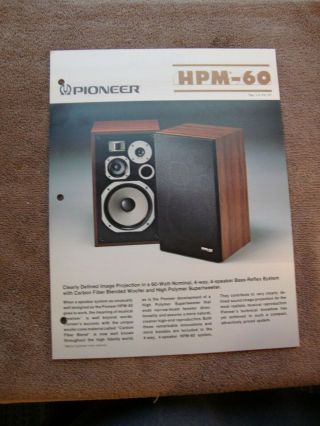 1978 Pioneer Hpm - 60 Speaker System 2 Sided Page Brochure Pamphlet