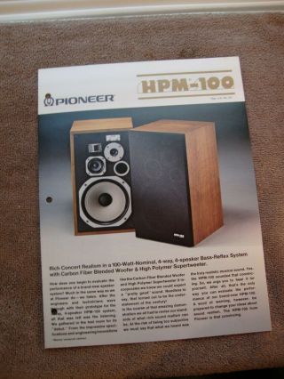 1978 Pioneer Hpm - 100 Speaker System 3 Page Brochure Pamphlet