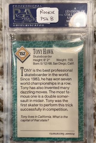 PSA 8 Tony Hawk Rookie Card S.  I.  FOR KIDS Pro Skater 1990 152 2