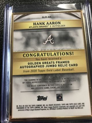 2020 Topps Gold Label Hank AARON MLB Legends Bat Relic & Auto.  1/10 = eBay 1/1 2