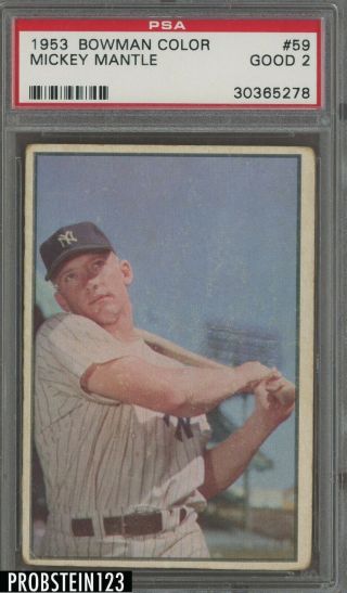 1953 Bowman Color 59 Mickey Mantle Hof Yankees Psa 2 Good