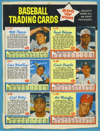 1962 Post Cereal Baseball Sheets: Milt Pappas,  Frank Robinson (ex - Em)