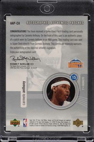2003 SP Game Carmelo Anthony ROOKIE RC 3 - CLR PATCH AUTO /50 AAP - CA 2