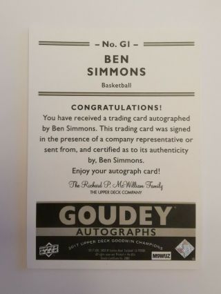 2017 Upper Deck Goodwin Champions Ben Simmons Goudey Auto Autograph 2
