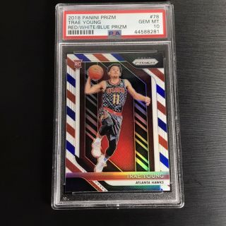 2018 - 19 Panini Prizm Red White Blue Trae Young Rookie Basketball Card Rc Psa 10