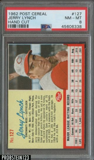 1962 Post Cereal Hand Cut 127 Jerry Lynch Reds Psa 8 Nm - Mt