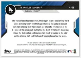 2020 TOPPS NOW LOS ANGELES DODGERS WORLD SERIES GAME 6 BASE RELIC 482B /49 2