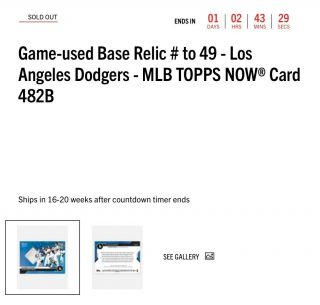 2020 TOPPS NOW LOS ANGELES DODGERS WORLD SERIES GAME 6 BASE RELIC 482B /49 3
