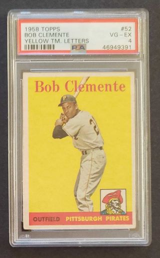 1958 Topps Bob Clemente Card 52 Yellow Team Letters Variation Ex Psa 4 Hof