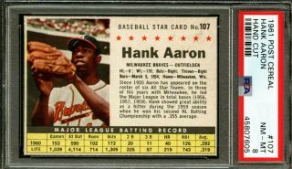 1961 Post Cereal Baseball Card 107 Hank Aaron Braves Hand Cut Psa Nm - Mt 8