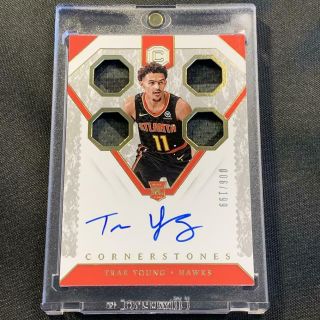 TRAE YOUNG 2018 PANINI CORNERSTONES 155 QUAD PATCH AUTO ROOKIE RC ' D /199 NBA 3