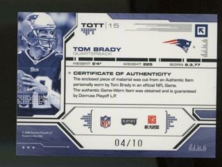 2008 Playoff Absolute Memorabilia TOTT Tom Brady 4/10 Game Patch Jersey 2