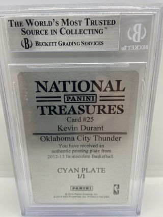 2014 National Treasures Kevin Durant Print Plate 1/1 Auto BGS 2013 Immaculate 2