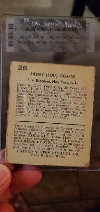 1932 U.  S.  Caramel Lou Gehrig 26 BASEBALL CARD 2