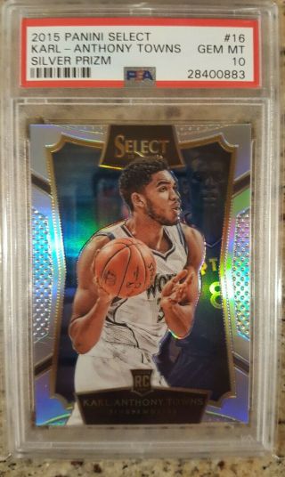 2015 - 16 Karl Anthony Towns Panini Select Silver Prizm Rookie Rc 16 Psa 10