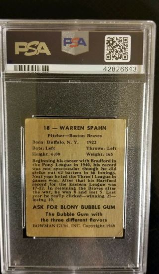 1948 Bowman 18 Warren Spahn RC Psa 3.  5 VG,  Centered 2