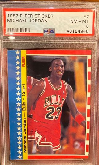 1987 - 1988 Fleer Stickers Michael Jordan Chicago Bulls 2 Basketball Card Psa 8,