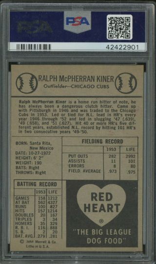 1954 Red Heart Ralph Kiner HOF Chicago Cubs PSA 8 NM - MT 2