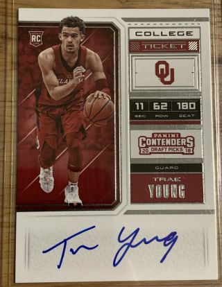 2018 - 19 Panini Contenders Draft Picks Trae Young Rc Auto Rookie Card 56 Raw