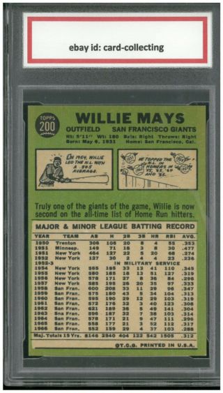 1967 Topps Baseball: 200 WILLIE MAYS GIANTS BSG Graded 8 NMT - 2