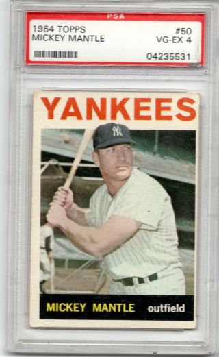 1964 Topps 50 Mickey Mantle York Yankees Psa 4 Vg - Ex