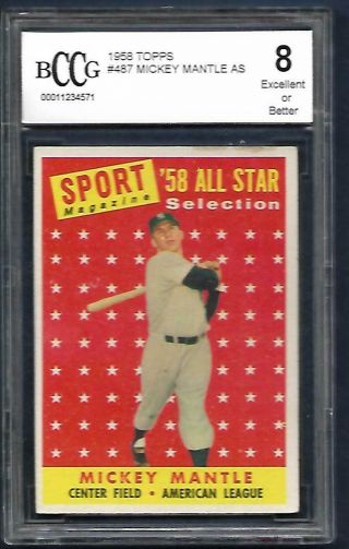 1958 Topps 487 Mickey Mantle All - Star Card Bccg 8 Yankees