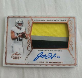 2020 Leaf Trinity Justin Herbert Rpa Rookie 3 Color Patch On Card Auto Chargers