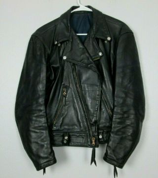 Vintage 50s Langlitz Black Leather Motorcycle Jacket Biker Coat Green Label 44