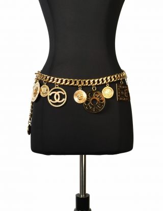 Chanel Vintage Iconic Gold Cc Logo Coco Chanel Multi - Charm Chain Statement Belt
